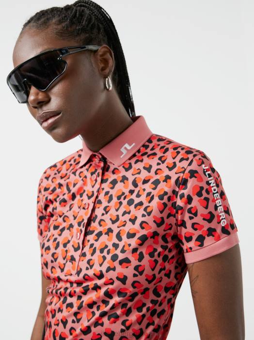 J.Lindeberg kvinner tour tech print golfpolo falmet rosedyr klær F8642620