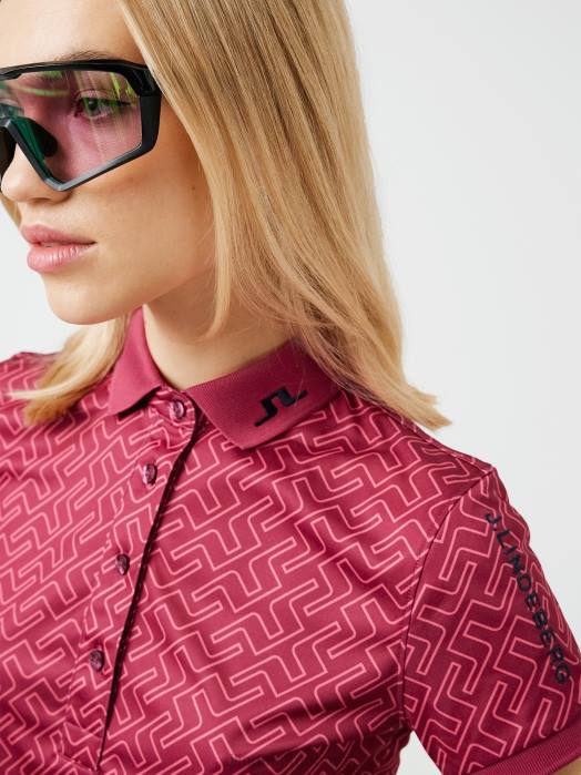 J.Lindeberg kvinner tour tech print golfpolo varm rosa bromonogram klær F8642617