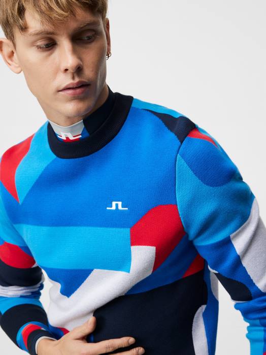 J.Lindeberg menn fela strikket genser strålende blå storbro klær F864582