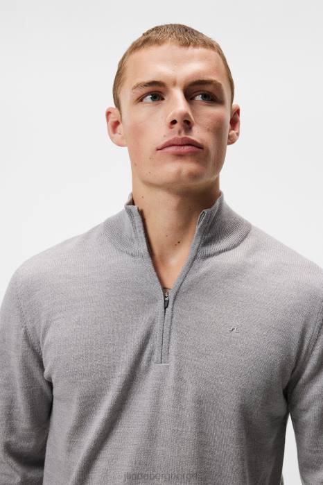 J.Lindeberg menn kiyan genser med kvart glidelås lys grå melange klær F8641040