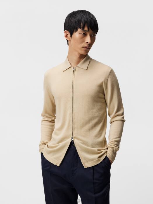 J.Lindeberg menn nyle merino cardigan med glidelås safari beige klær F8641046