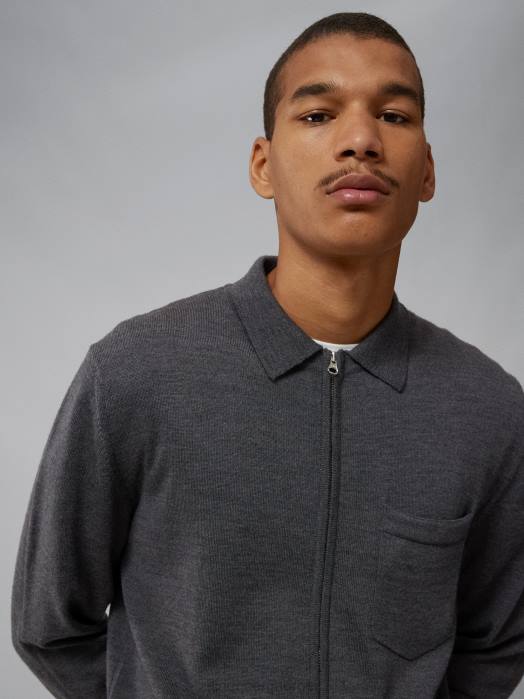 J.Lindeberg menn nyle merino cardigan med glidelås vulkansk aske klær F8642315